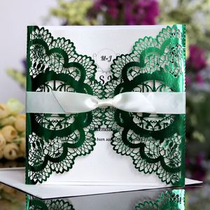 (100 unids/lote) corte láser amor pájaro verde brillante personalizar impresión tarjeta de invitación de boda compromiso reflectante IC115G