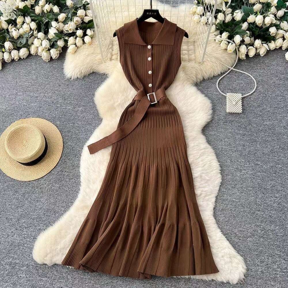 2026 Spring Summer European and American French New Women's Elegant Sleeveless Waist Slimming A-line Long Knitted Dress