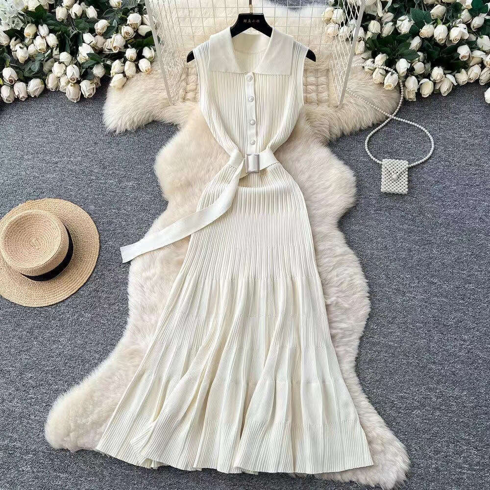 2026 Spring Summer European and American French New Women's Elegant Sleeveless Waist Slimming A-line Long Knitted Dress