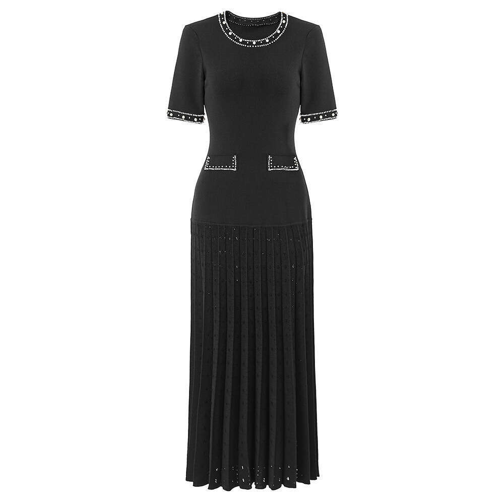 2026 new French bead short sleeved knitted long dress elegant slim fit pleated black women's dress