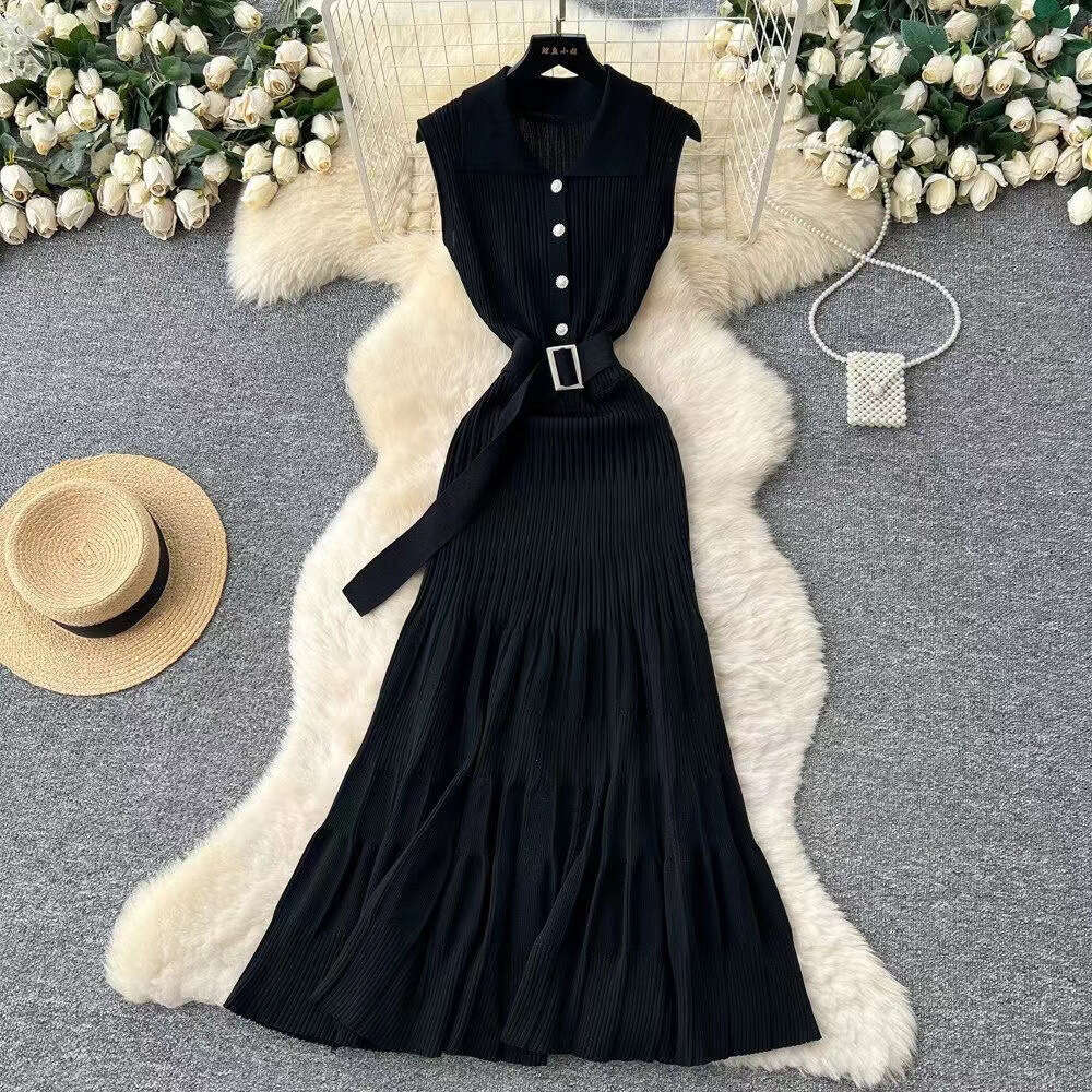 2026 Spring Summer European and American French New Women's Elegant Sleeveless Waist Slimming A-line Long Knitted Dress