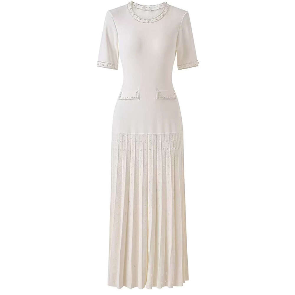 2026 new French bead short sleeved knitted long dress elegant slim fit pleated black women's dress