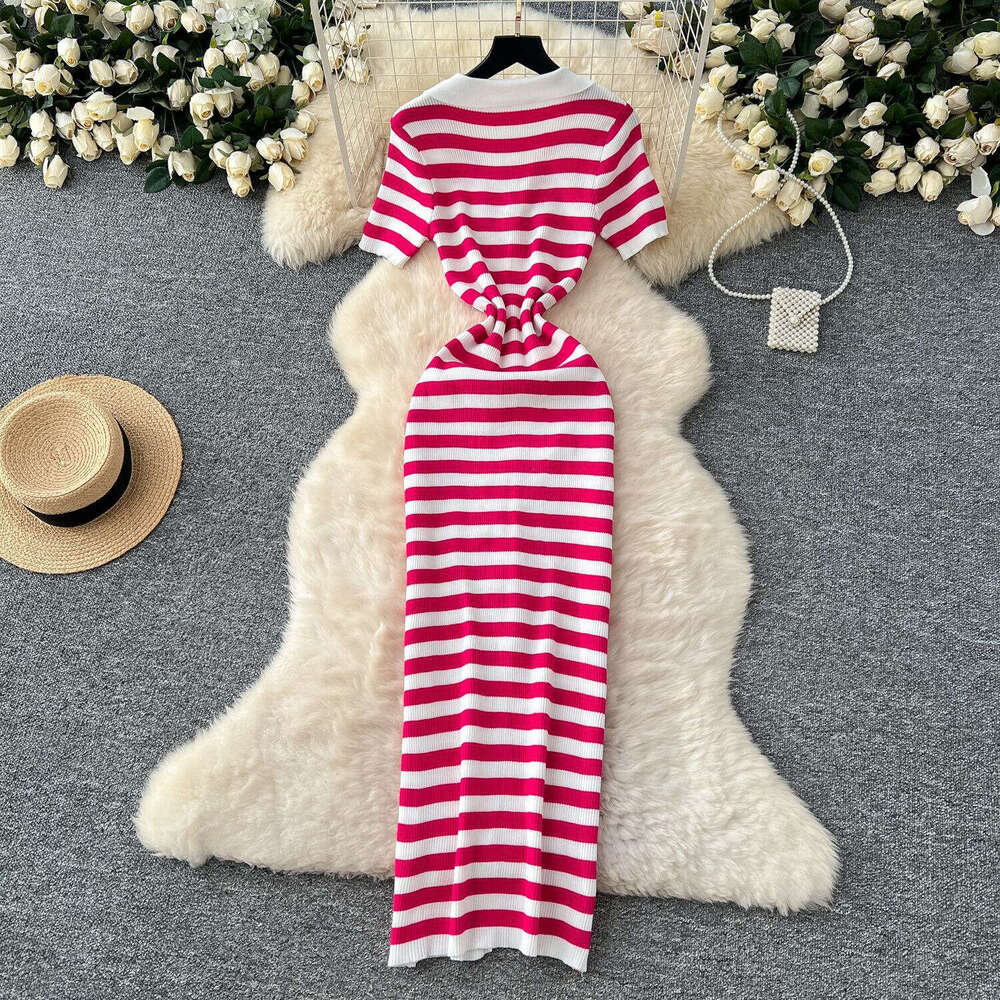 2026 Summer New European and American Spicy Girl Short Sleeve Elegant Knitted Striped Long Slimming Dress