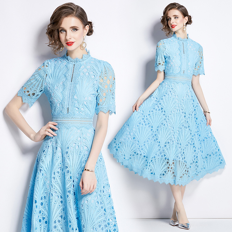Womens Casual Dresses summer dress Woman Clothing Elegant Lace Dresses Short Sleeve Crochet Embroidery Design Slim Style Lady Luxurious Stylish Dress