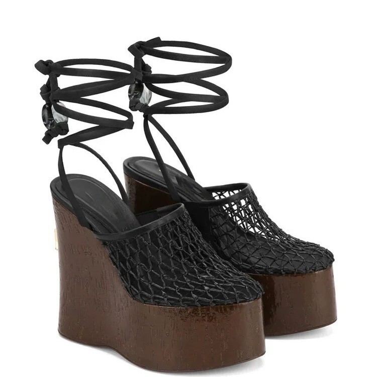 Women Vintage Brown Platform Wedge Sandals, Transparent Peep Toe Ankle Strap Rivet High Heel Party Shoes