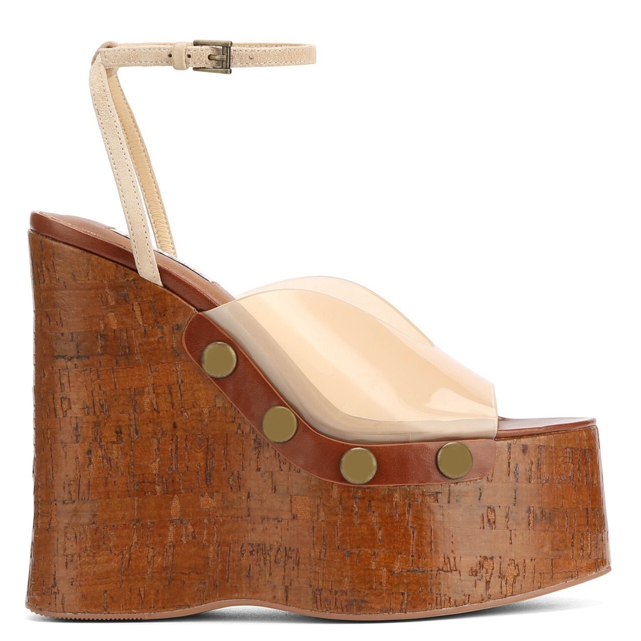Women Vintage Brown Platform Wedge Sandals, Transparent Peep Toe Ankle Strap Rivet High Heel Party Shoes