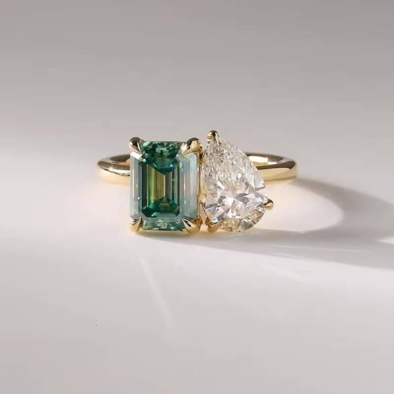 Fine Jewelry Double Stone Toi Et Moi Ring 14k Yellow Gold White Pear Green Emerald Cut Moissanite Ring