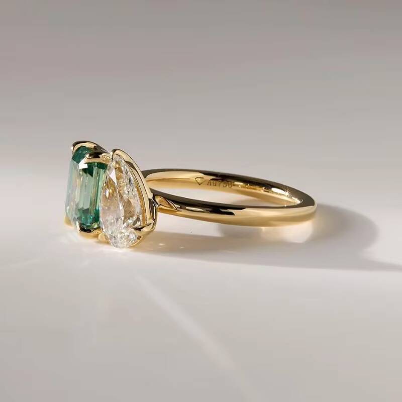 Fine Jewelry Double Stone Toi Et Moi Ring 14k Yellow Gold White Pear Green Emerald Cut Moissanite Ring