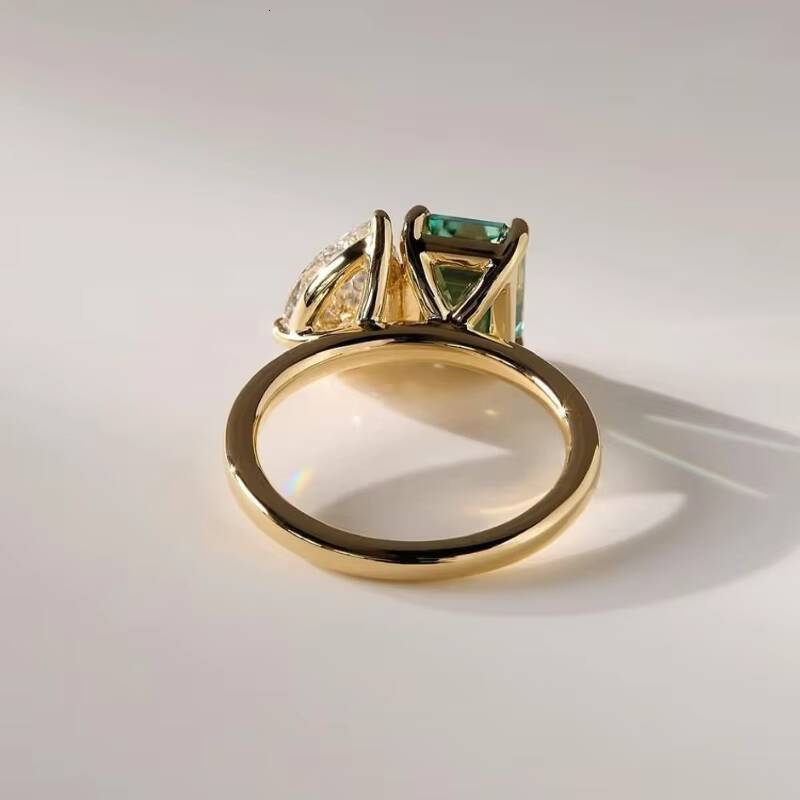 Fine Jewelry Double Stone Toi Et Moi Ring 14k Yellow Gold White Pear Green Emerald Cut Moissanite Ring