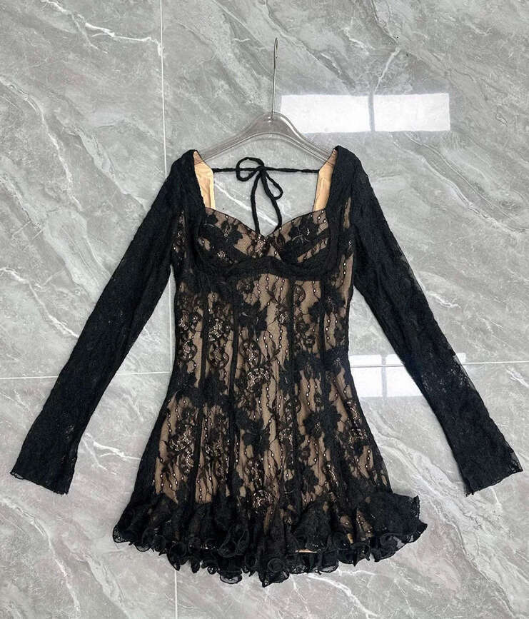 2026 Spring/Summer New Collection: Niche Sexy Low cut Square Neck Lace Petite Social Celebrity Date Skirt A-line Mini Skirt