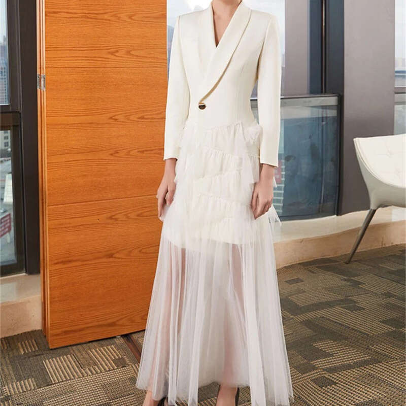 2026 Spring New Goddess Style Suit Mesh Splicing Long Coat Layered Dress Fashionable and Elegant