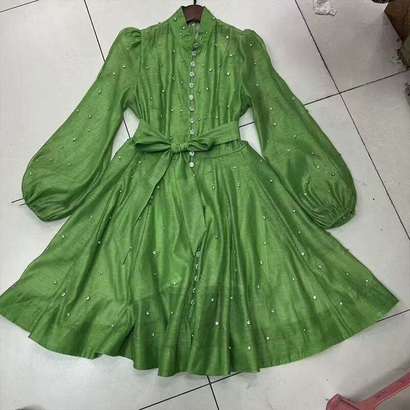 2026 spring/summer A1 new niche heavy-duty three-dimensional bead single breasted lace up elegant dress