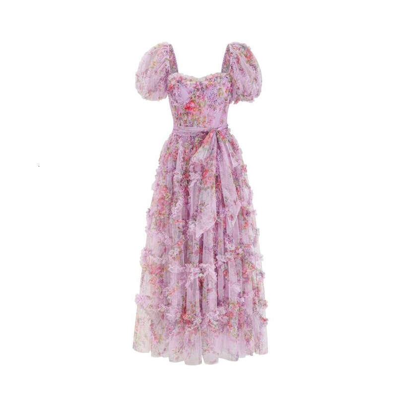 2026 Summer British Fashion Brand Dreamy Printed A1 Mesh Square Neck Bubble Sleeve Speaker Elegant Long Dress