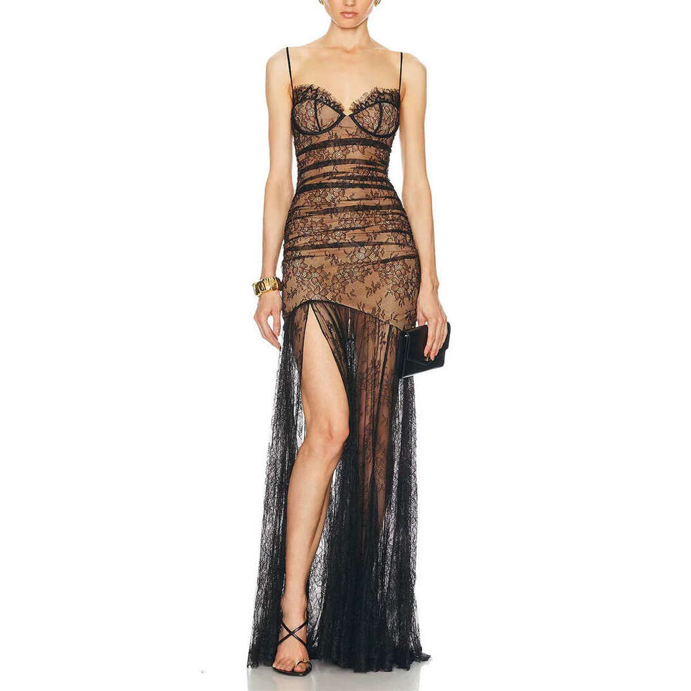 2026 spring/summer European and American niche sexy lace up mesh lace slimming vacation style elegant long A1 skirt for women