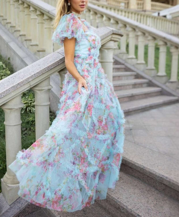 2026 Summer British Fashion Brand Dreamy Printed A1 Mesh Square Neck Bubble Sleeve Speaker Elegant Long Dress
