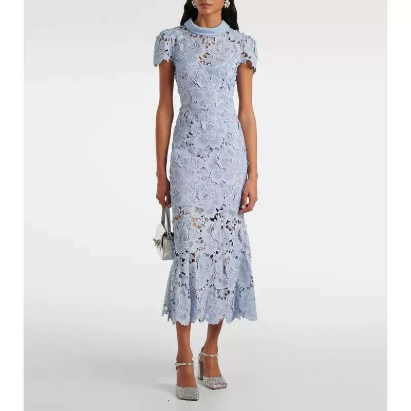 2026 Summer Designer Fashion Brand Elegant Social Style Stand up Collar Flower Water soluble Lace Tight Mermaid Long Dress