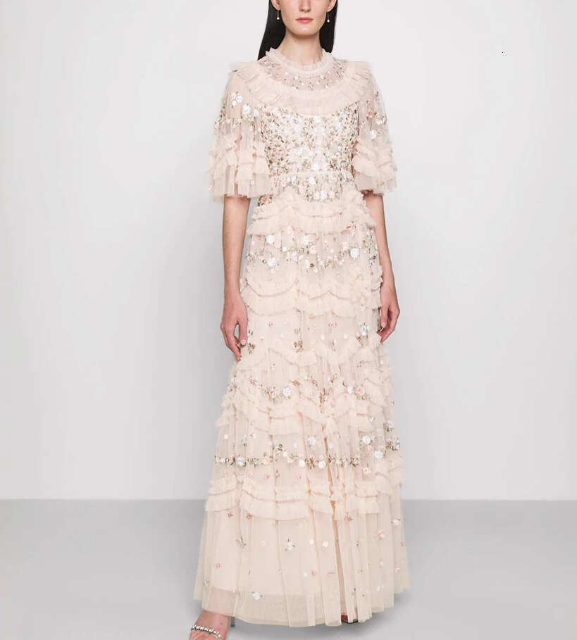 2026 Summer Fashion Brand Fairy Embroidery Flower Ruffle Sleeves Goddess Mesh Cake Long Dress