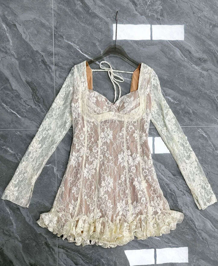 2026 Spring/Summer New Collection: Niche Sexy Low cut Square Neck Lace Petite Social Celebrity Date Skirt A-line Mini Skirt