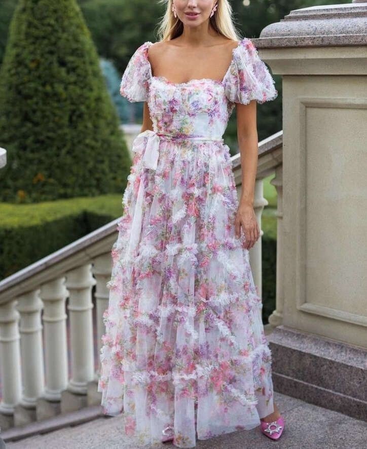 2026 Summer British Fashion Brand Dreamy Printed A1 Mesh Square Neck Bubble Sleeve Speaker Elegant Long Dress