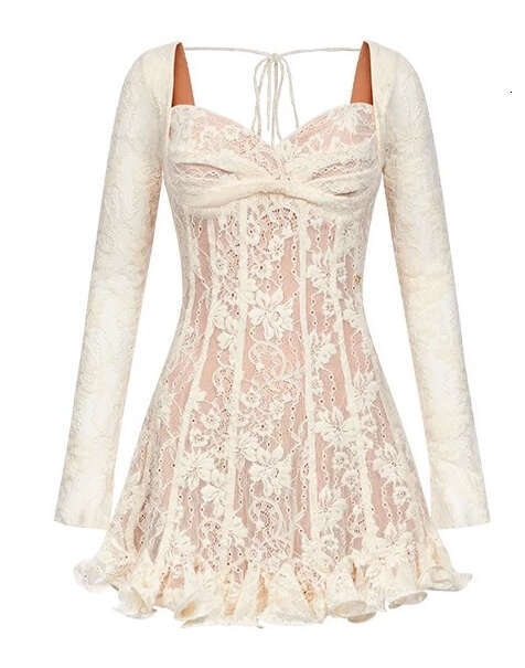 2026 Spring/Summer New Collection: Niche Sexy Low cut Square Neck Lace Petite Social Celebrity Date Skirt A-line Mini Skirt