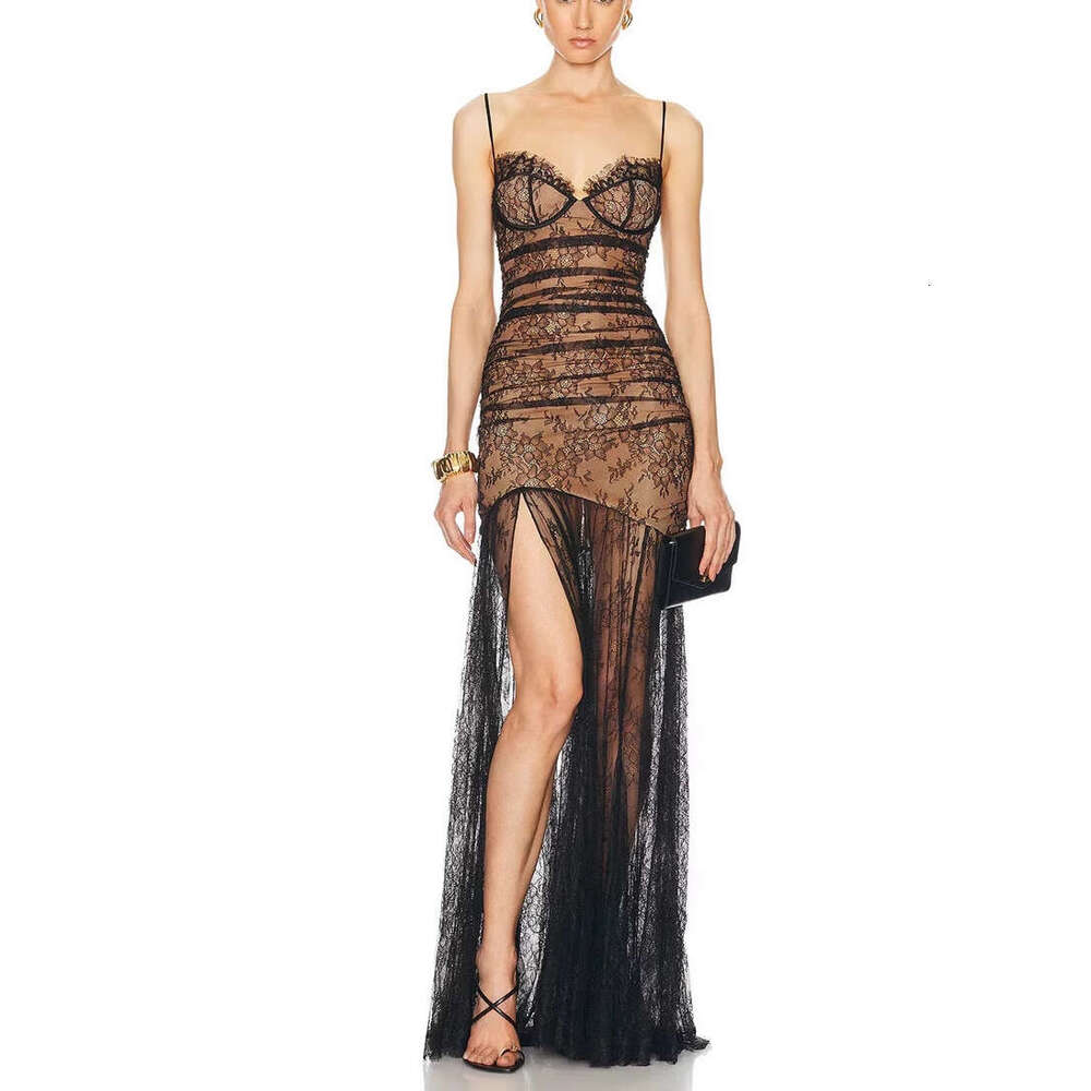 2026 spring/summer European and American niche sexy lace up mesh lace slimming vacation style elegant long A1 skirt for women