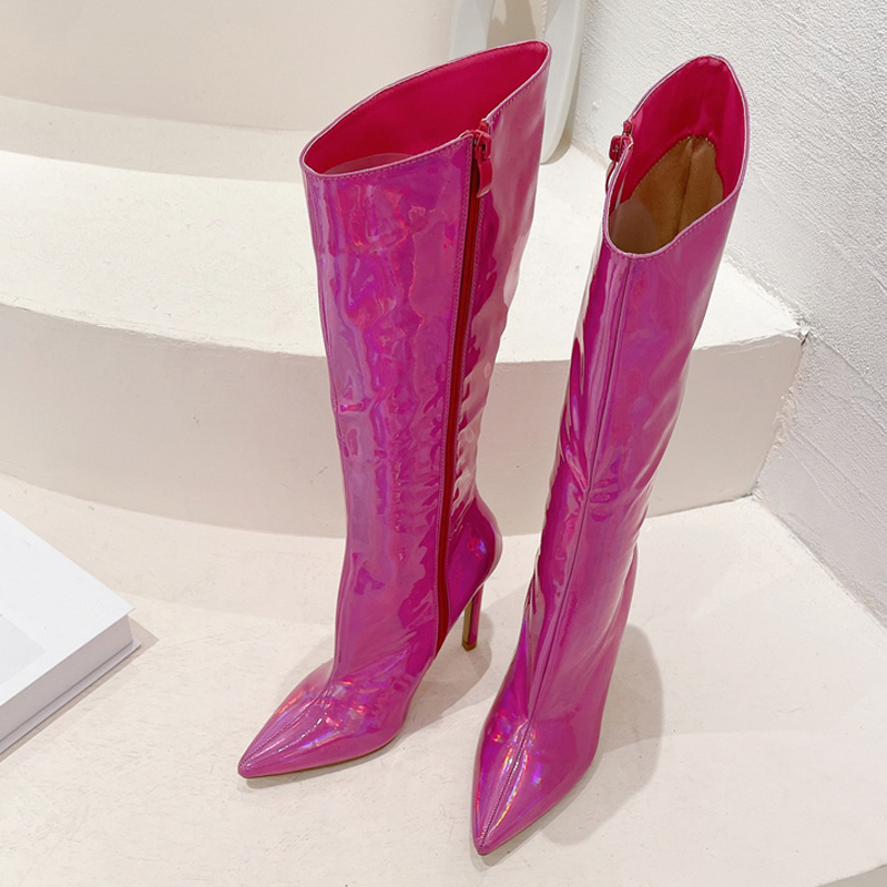 Liyke Sexy Runway Mirror Patent Leather Women Knee High Boots Autumn Winter Shoes Pointed Toe Zip Stiletto Heel Long Botas Mujer
