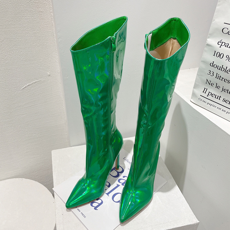 Liyke Sexy Runway Mirror Patent Leather Women Knee High Boots Autumn Winter Shoes Pointed Toe Zip Stiletto Heel Long Botas Mujer