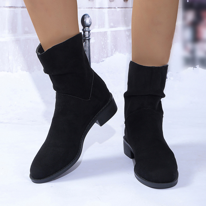 Lucyever Vintage Faux Suede Pleated Ankle Women 2024 Autumn Winter Med Heels Short Boots Woman Back Zipper Cowboy Botas 43