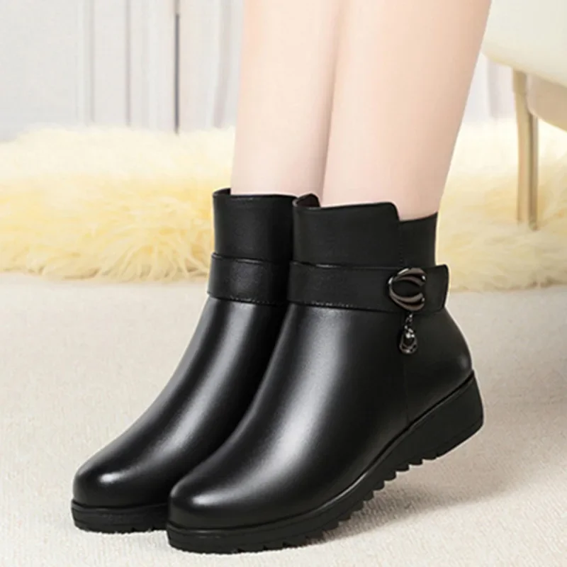 Warm Mum Cotton Shoes Women Winter Fleece Side Zip Thick Bottom Short Boots Leisure Round Head Flats Bota Inverno Feminina2024 8140