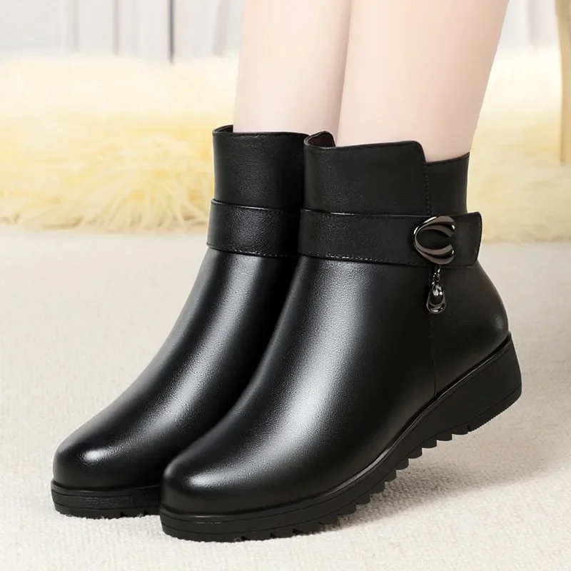 Warm Mum Cotton Shoes Women Winter Fleece Side Zip Thick Bottom Short Boots Leisure Round Head Flats Bota Inverno Feminina2024 8140
