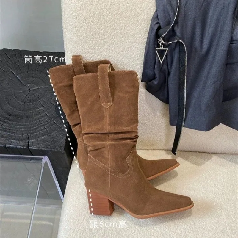Spring/autumn Mid-calf Modern Square Toe 2024 Hot Sale Shoes Mid Heel Solid Sewing Women's Boots