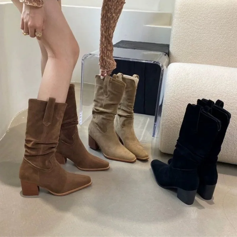 Spring/autumn Mid-calf Modern Square Toe 2024 Hot Sale Shoes Mid Heel Solid Sewing Women's Boots