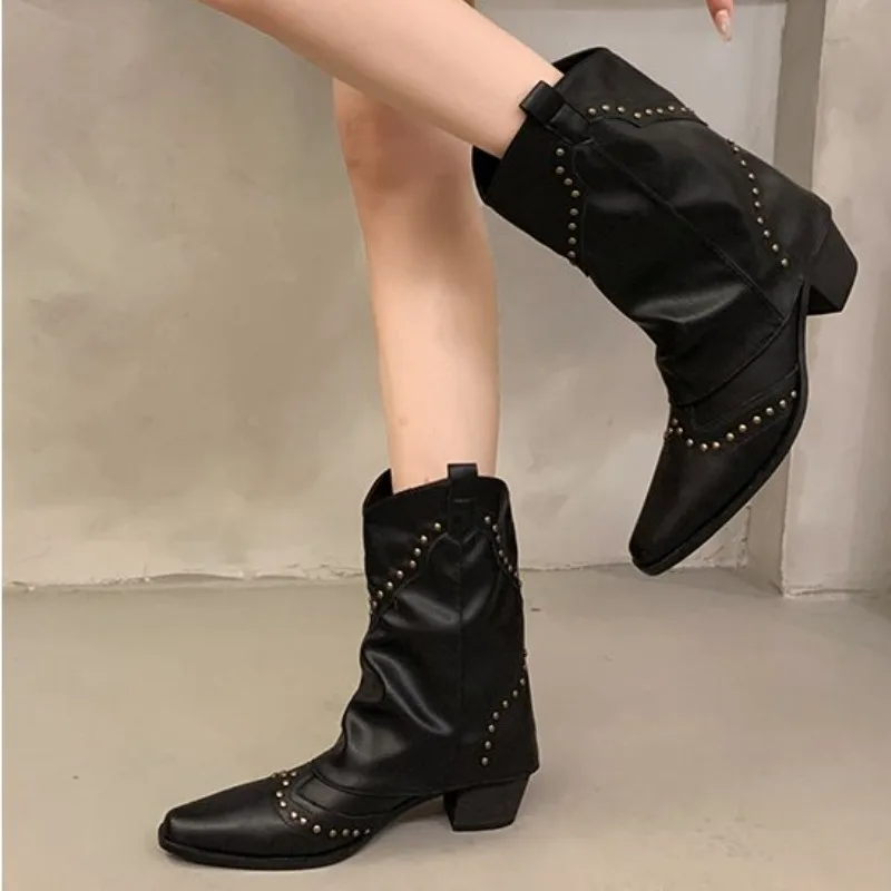Studded Boots Women 2024 Low Heel Cowboy Western Short Leather Knee High Designer Gothic New Rock Shoes Vintage 4