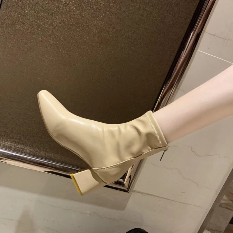 New 2022 Autumn Winter Thick High-heeled All-match and Thin Women's Pointed Toe Mid-tube Elastic Soc Boots Women f804