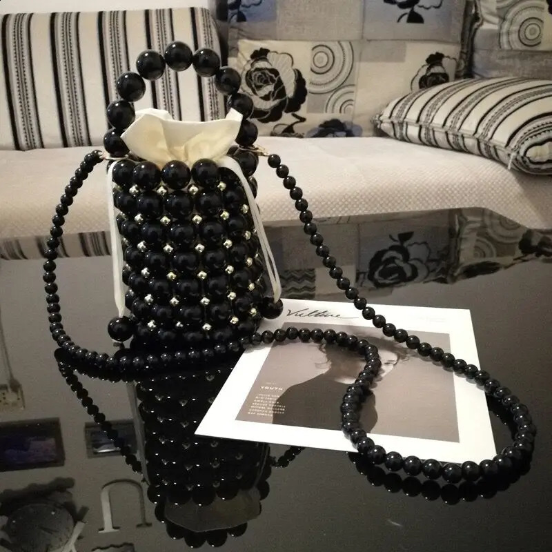 Fashion Female Handmade Shoulder Tote Bag Trending Black Pearl Bucket Stone Womans Wedding Evening Handbag Purse 240905 b518 4