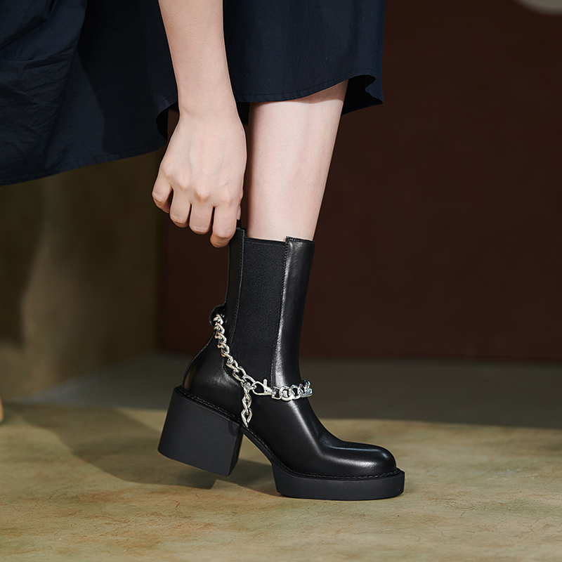 2024 Winter Genuine Platform Round Toe Chunky Women Shoes High Heel Boots Real Leather d5b2