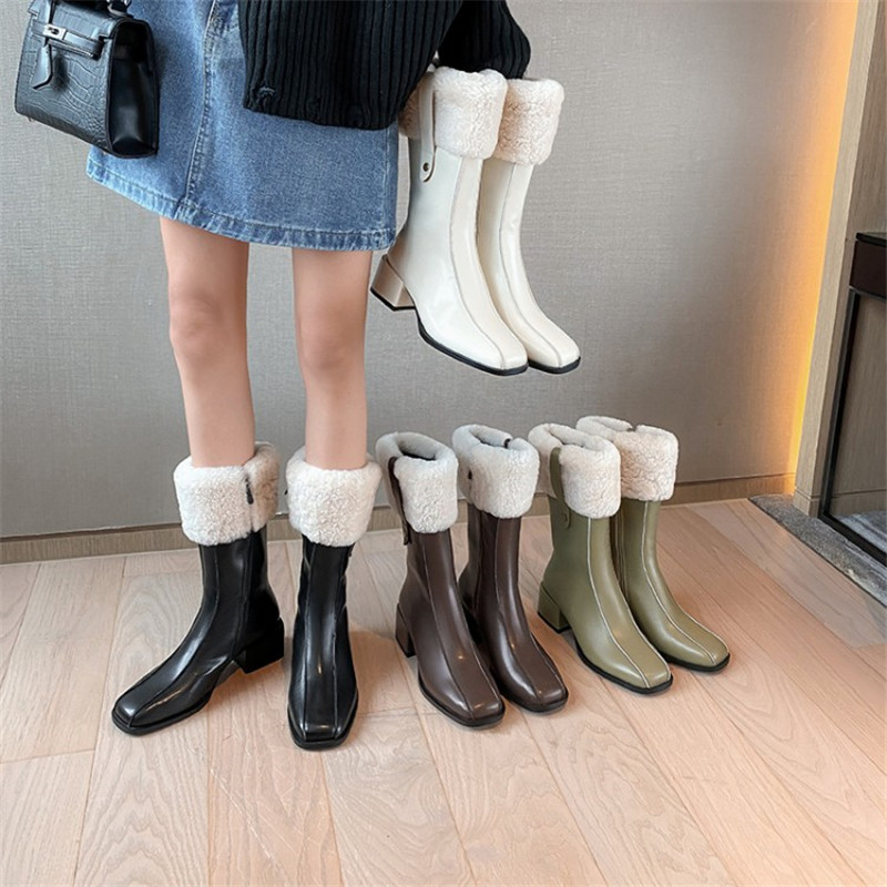 2024 New Winter Fashion Women Lamb Real Wool Square Toe Female Thick Heel Knee Boots High Heels 9f5f