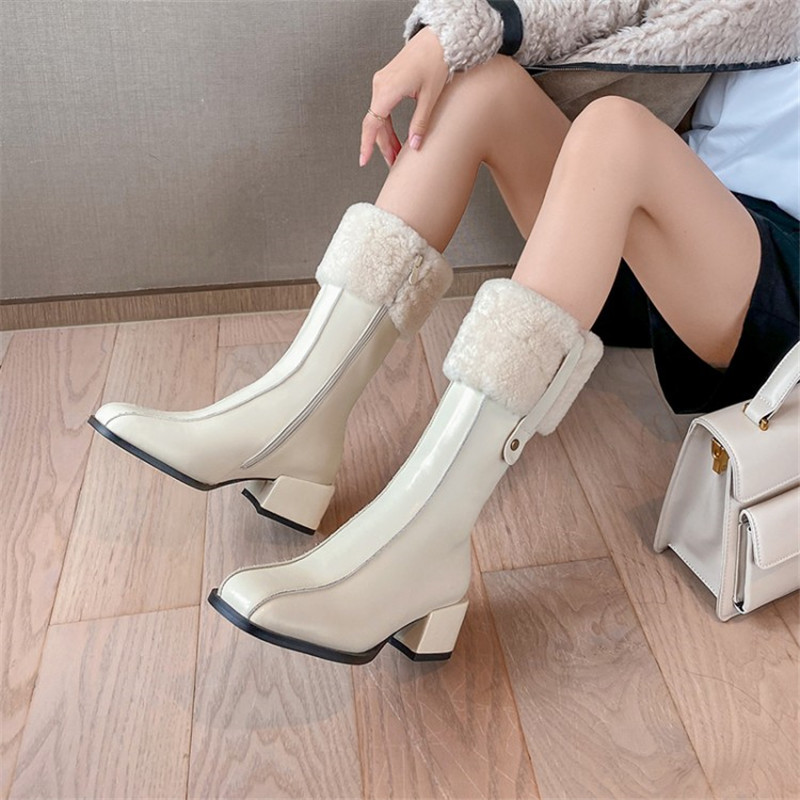 2024 New Winter Fashion Women Lamb Real Wool Square Toe Female Thick Heel Knee Boots High Heels 9f5f