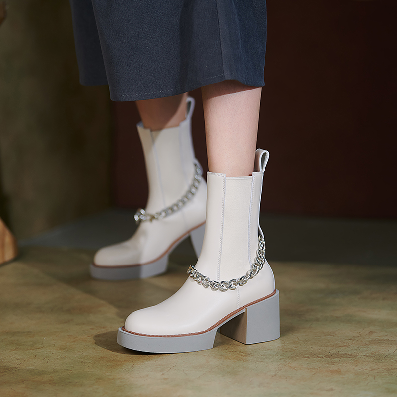 2024 Winter Genuine Platform Round Toe Chunky Women Shoes High Heel Boots Real Leather d5b2