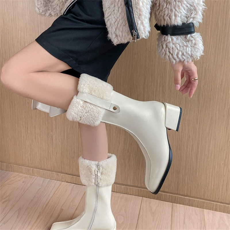 2024 New Winter Fashion Women Lamb Real Wool Square Toe Female Thick Heel Knee Boots High Heels 9f5f