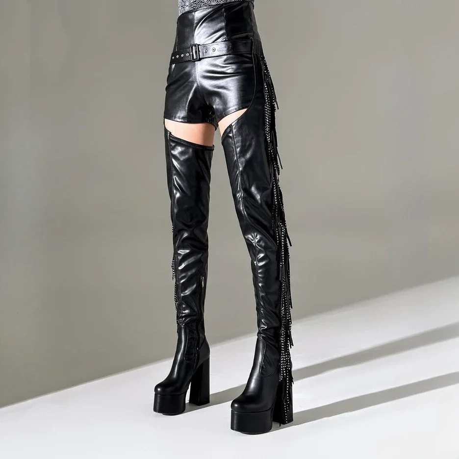 Black Side Zipper Tassel Belt Style Over Knee Size 35-47 Waterproof Platform Round Head Nightclub Steel Pipe Dance Boots
