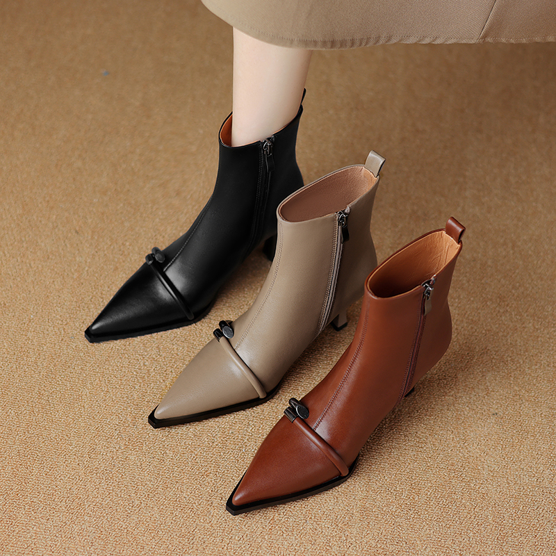 2024 New Autumn Women Pointed Toe Ankle High Heel Winter Modern Boots Split Leather Ladies Shoes 7492