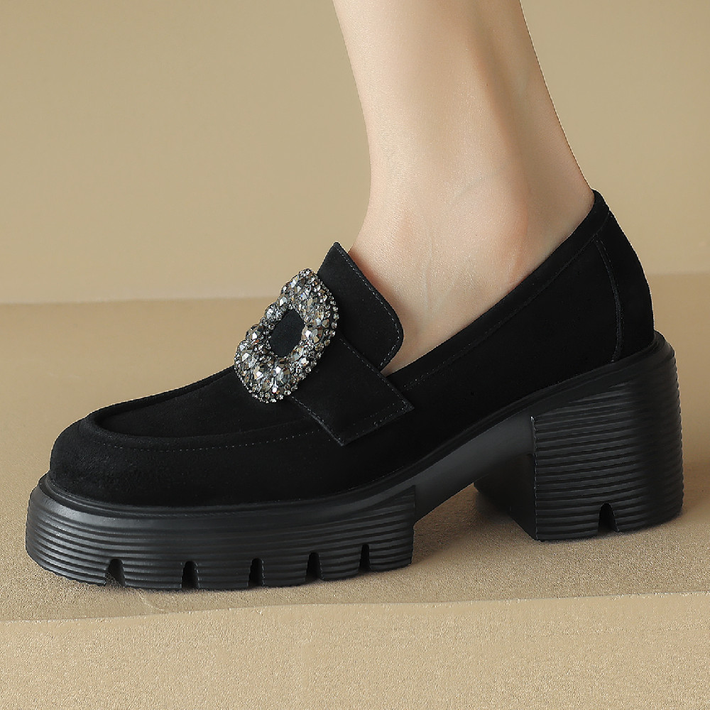 natural Women's suede leather chunky heel platform four season moccasins crystal buckle casual female high quality loafers shoes 77a7 731d