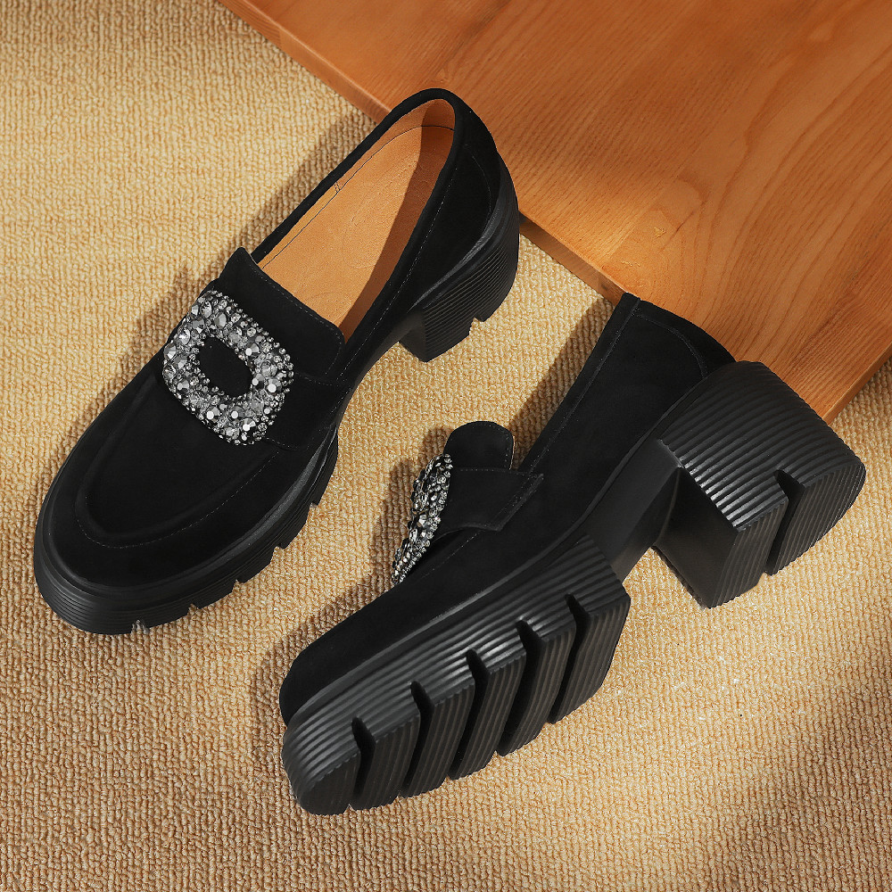 natural Women's suede leather chunky heel platform four season moccasins crystal buckle casual female high quality loafers shoes 77a7 731d