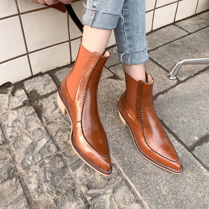 Autumn NEW Split Leather for Women Pointed Toe Chunky Heel Shoes Slip-on Modern Handmade Short Boots e235