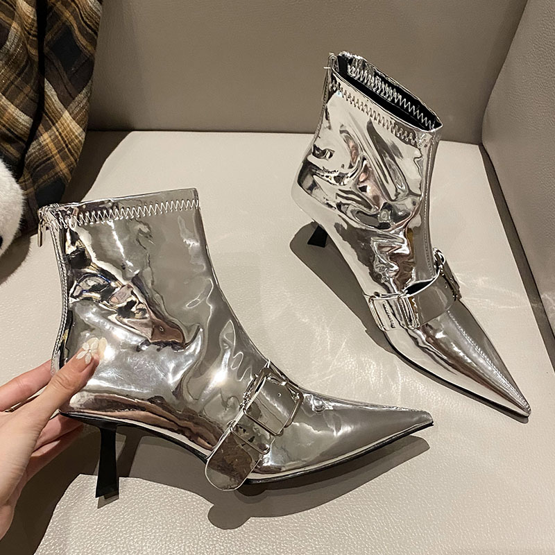 Female Thin Heels Shoes Women Ankle Modern Fashion Designer Metal Buckle Footwear Pointed Toe Ladies Short Boots Pumps