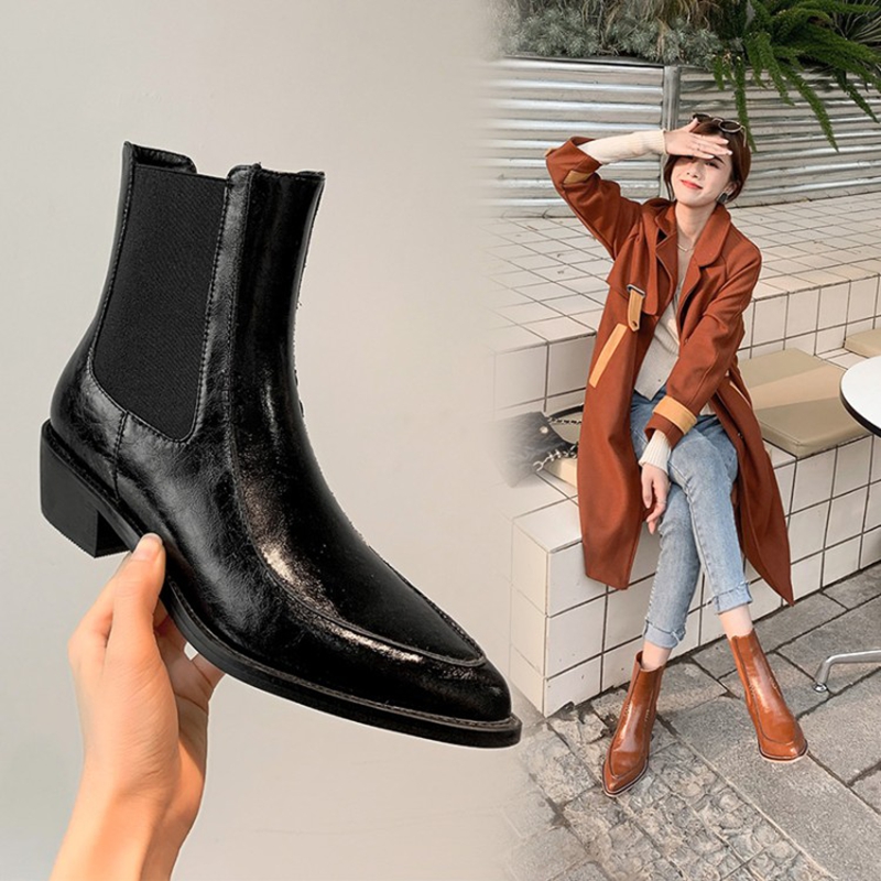 Autumn NEW Split Leather for Women Pointed Toe Chunky Heel Shoes Slip-on Modern Handmade Short Boots e235