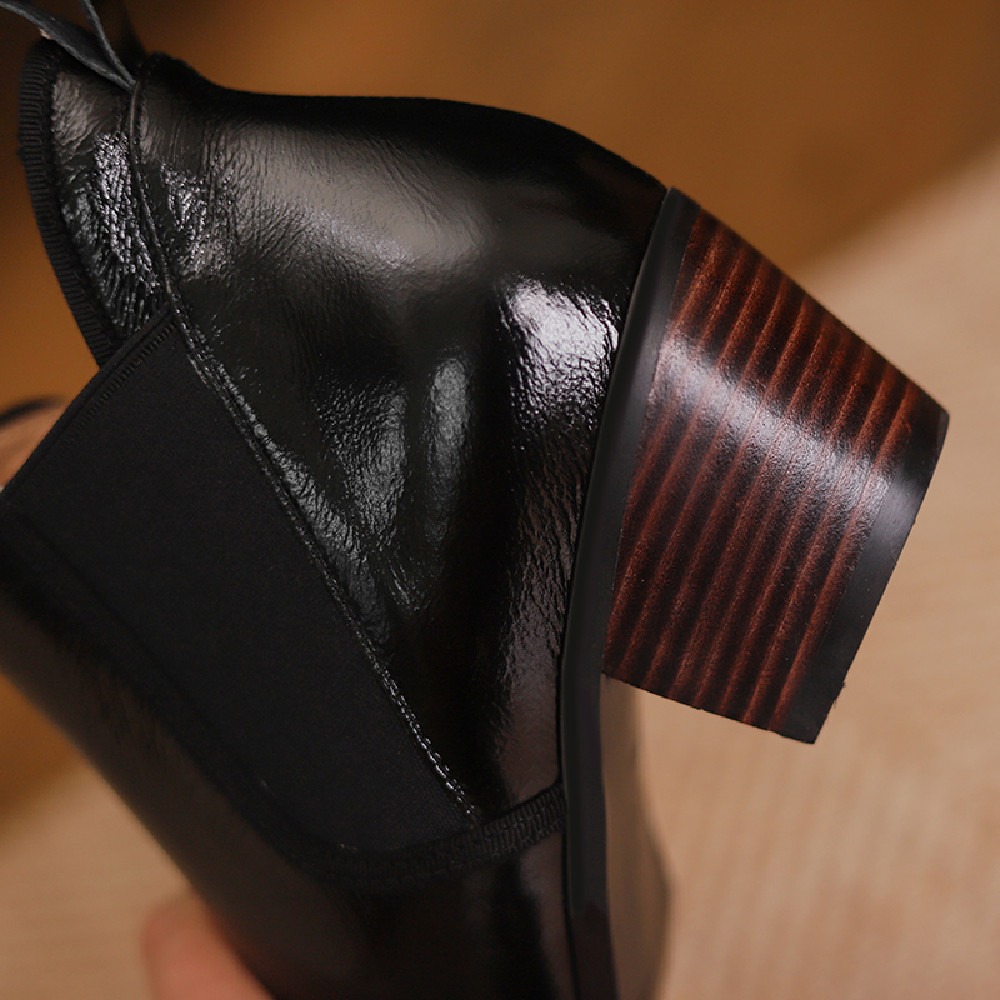 genuine Women's leather elastic fabric patchwork slip-on autumn ankle 6cm chunky heel round toe casual female short boots d724