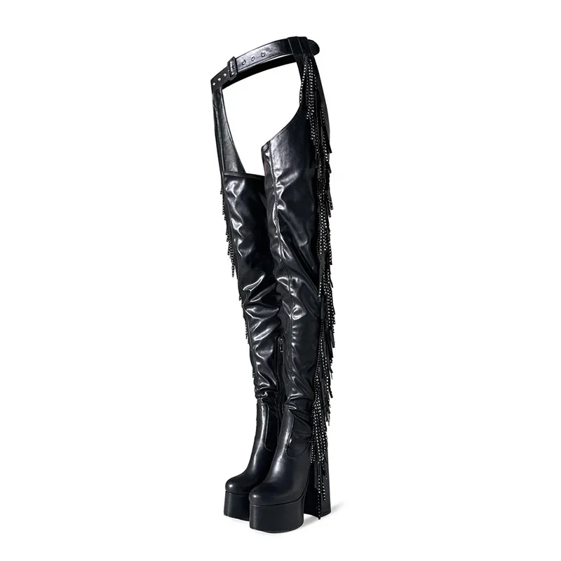 Black Side Zipper Tassel Belt Style Over Knee Size 35-47 Waterproof Platform Round Head Nightclub Steel Pipe Dance Boots