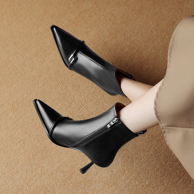 2024 New Autumn Women Pointed Toe Ankle High Heel Winter Modern Boots Split Leather Ladies Shoes 7492
